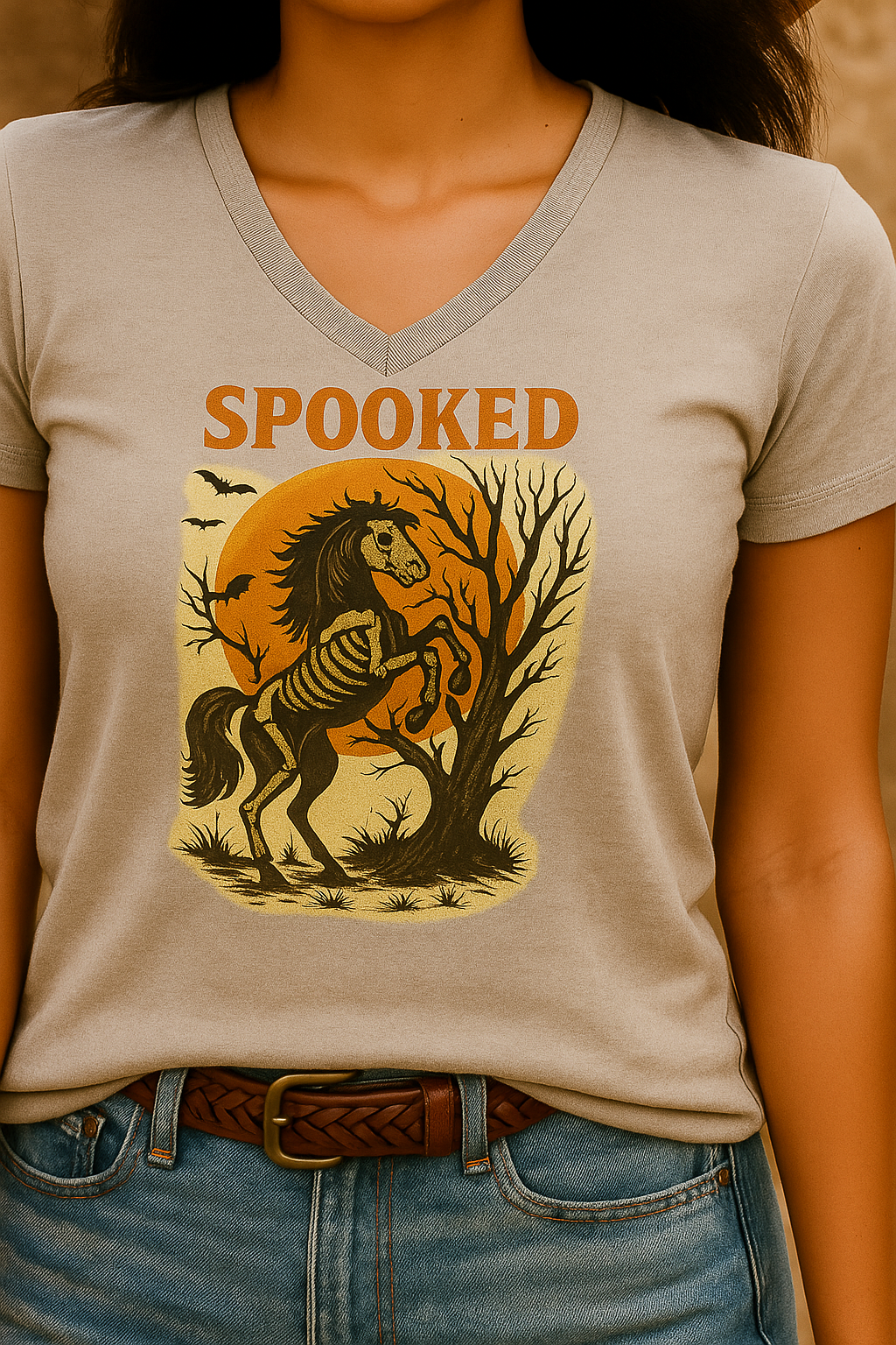 Vintage Spooked Halloween Horse V-neck Tee