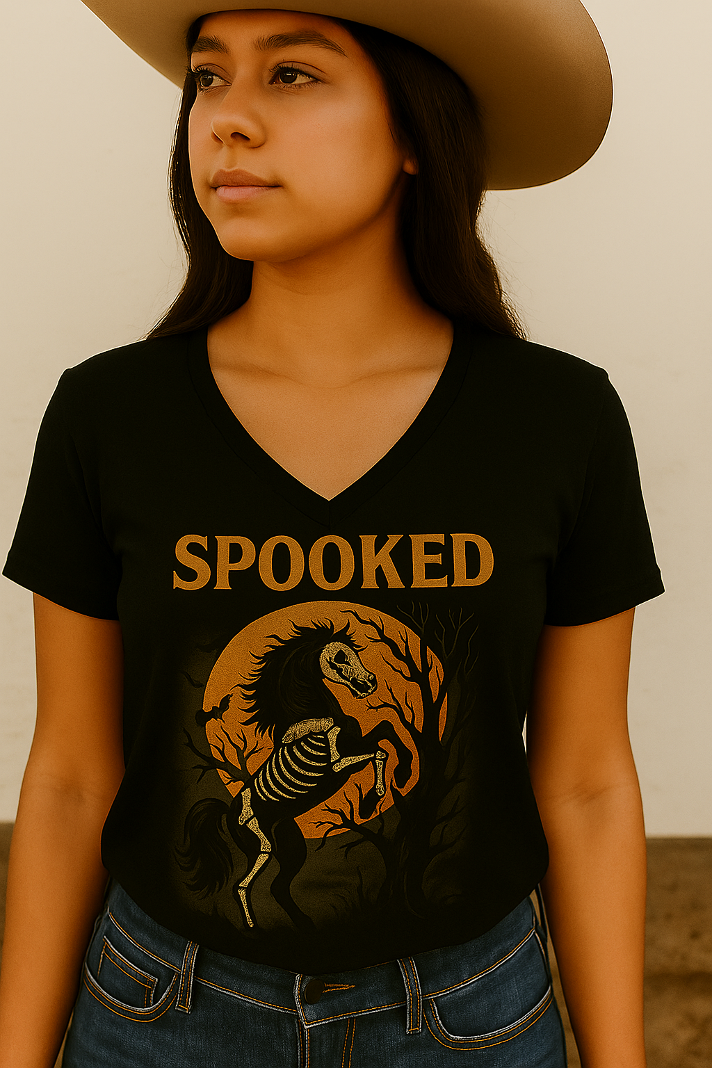 Vintage Spooked Halloween Horse V-neck Tee